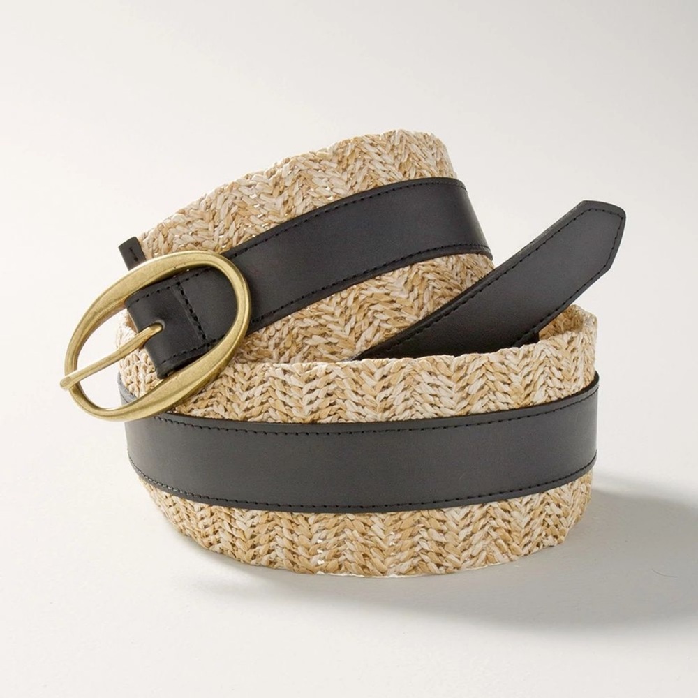 NEW WHBM $89 wide straw belt Elegant Black and Tan size XL - Picture 3 of 9